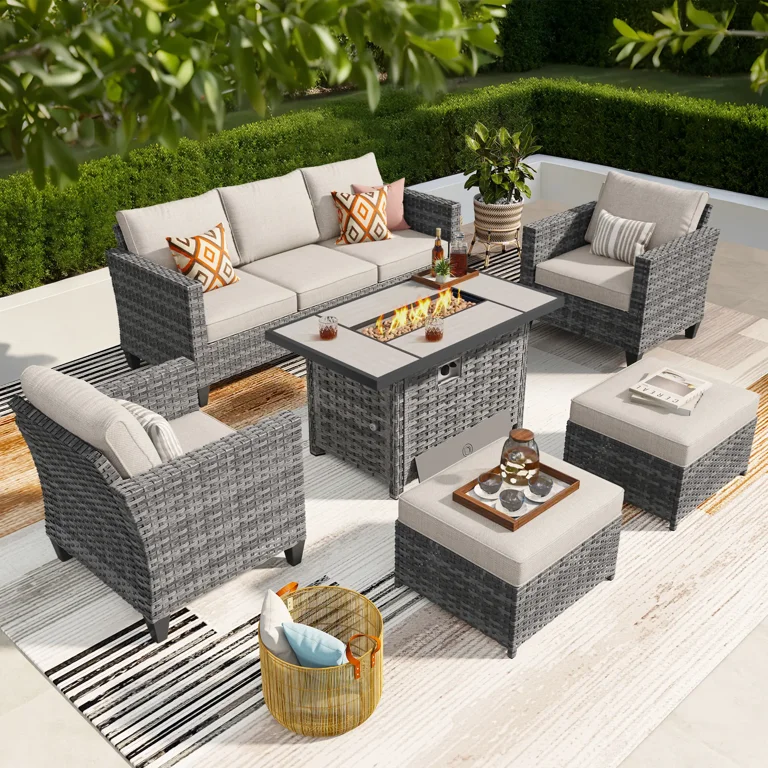 Ovios 6 Piece Outdoor Patio Sectional Furniture with 42 Fire Pit Table Rattan Wicker Conversation Set with Propane Gas Fire Pit Patio Sofa Outdoor