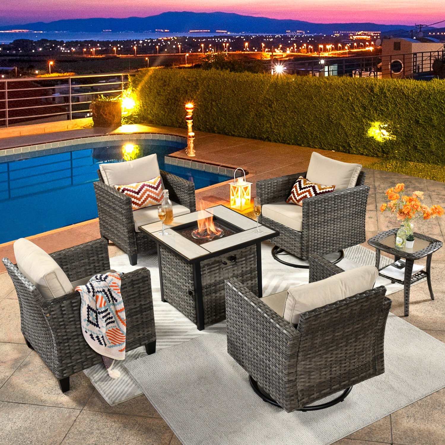 Ovios Patio Outdoor Furniture Set with Fire Pit Table 6 Pieces Outside Wicker Conversation with 360 Degrees Swivel Rocking Chair & Coffee Side Table, Metal, Wicker - image 1 of 9