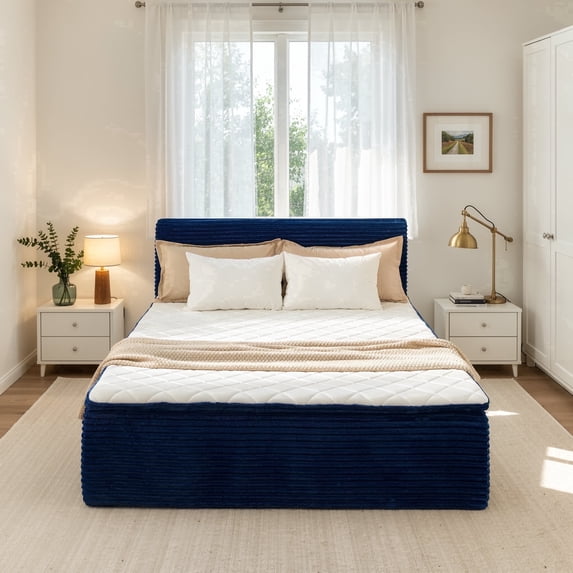 Ovios Boneless Beds Furniture, Queen Bed Frame with Mattress and Headboard Set, 16.7" Plush Corduroy Cloud Bed, Medium Firm, No Assembly, Blue