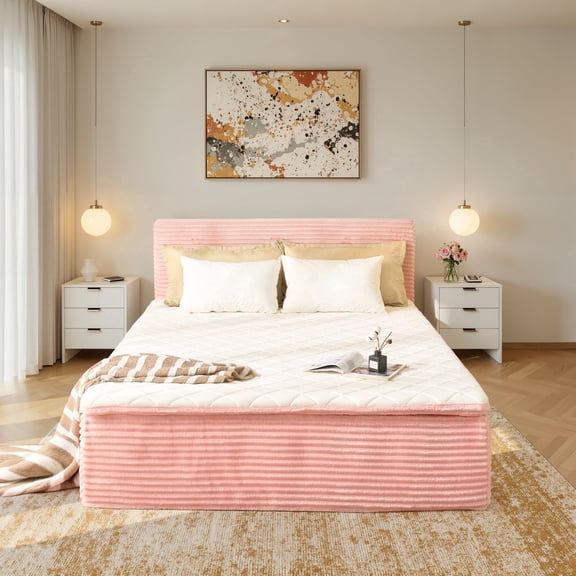 Ovios Queen Bed with Mattress, Modern Plush Corduroy Cloud Bed, All-in-One Bedroom Furniture Set, No Assembly Required, Pink