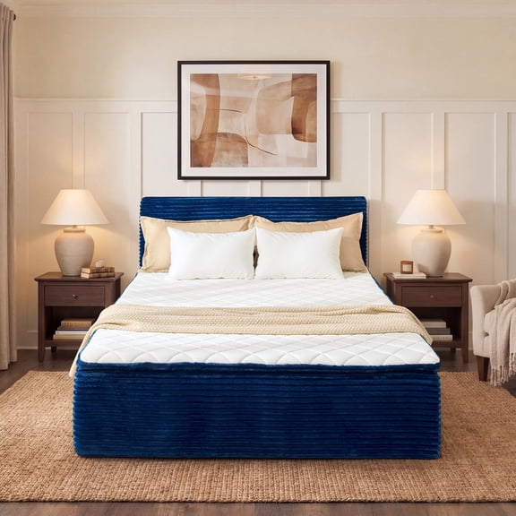 Ovios Queen Size All-in-One Floor Bed in a Box, 16.7" Upholstered Compressed Foam Mattress with Headboard, No Assembly Required, Blue