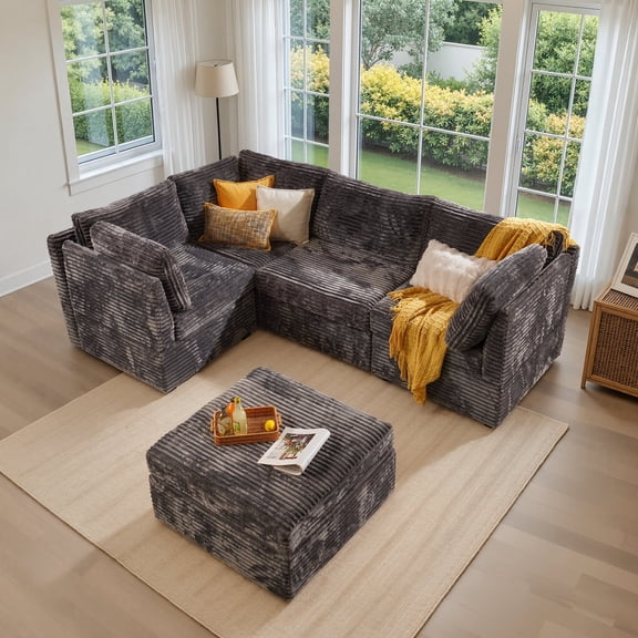 Ovios 95" Modular Couch with Ottoman, Modern Plush Corduroy Cloud Sectional Sofa, Gray