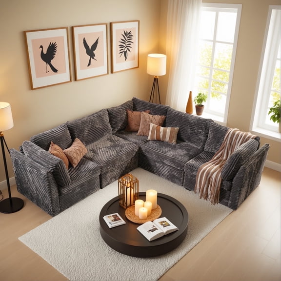Ovios 98" Modular Sectional Sofa V Shaped Couch with Pillows 5-Seater Extra Deep Seat Convertible Cloud Couches for Living Room, Gray