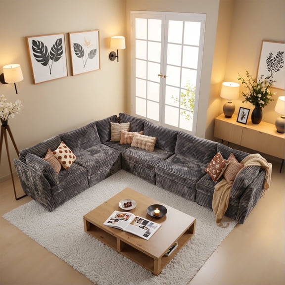 Ovios 130" Modular Sectional Sofa L Shaped Couch with Pillows 6-Seater Extra Deep Seat Convertible Cloud Couches for Living Room, Gray