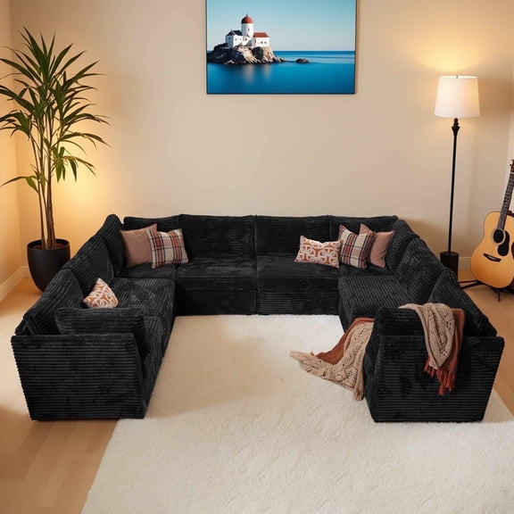 Ovios 130" Modular Sectional Sofa U Shaped Couch with Pillows 8-Seater Extra Deep Seat Convertible Cloud Couches for Living Room, Black