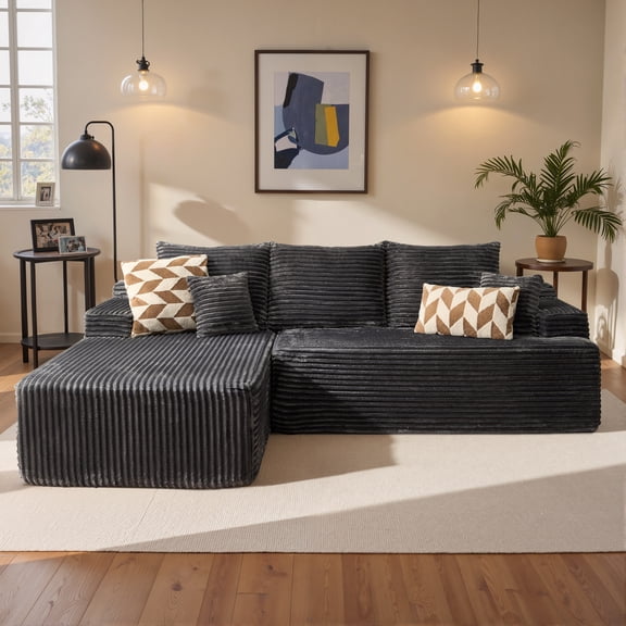 Ovios Corduroy L-Shaped Sectional Sofa with Chaise, No Assembly Required, Modular Comfy Couch, Gray(Left Facing Chaise)
