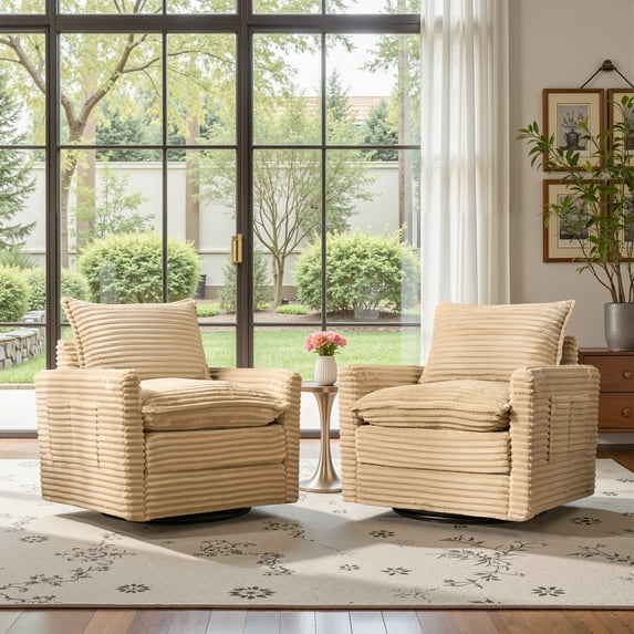 Ovios Swivel Accent Chairs Set of 2 Modern Corduroy Upholstered Living Room Chairs with 360° Rotation and Pillows Comfy Lounge Armchairs for Bedroom or Office, Beige