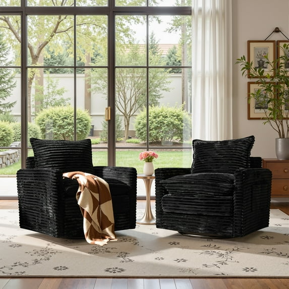 Ovios Swivel Accent Chairs Set of 2 Modern Corduroy Upholstered Living Room Chairs with 360° Rotation and Pillows Comfy Lounge Armchairs for Bedroom or Office, Black
