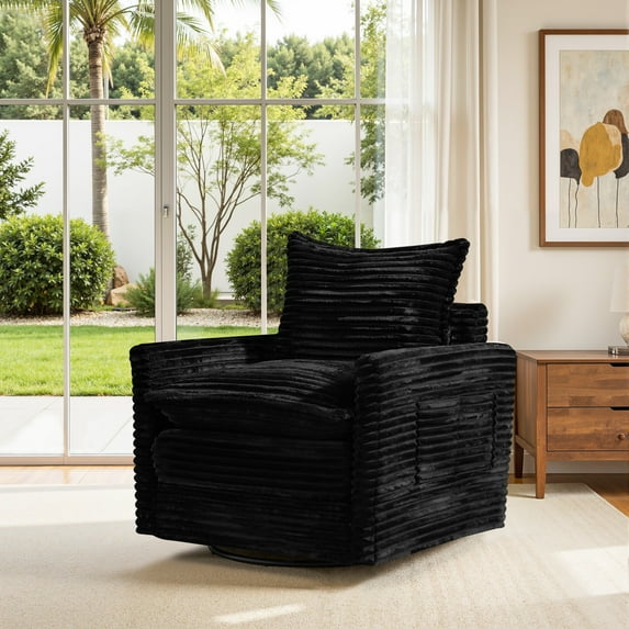 Ovios Swivel Accent Chairs Set Modern Corduroy Upholstered Living Room Chairs with 360° Rotation and Pillows Comfy Lounge Armchairs for Bedroom or Office, Black