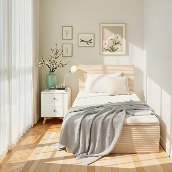 Ovios Twin Bed with Mattress and Headboard, All-in-One Cloud Upholstered Bed Set in a Box, No Assembly Required, Beige