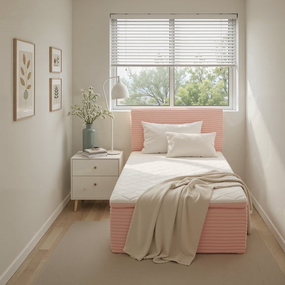 Ovios Boneless Beds Furniture, Twin Bed Frame with Mattress and Headboard Set, 16.7" Plush Corduroy Cloud Bed, Medium Firm, No Assembly, Pink