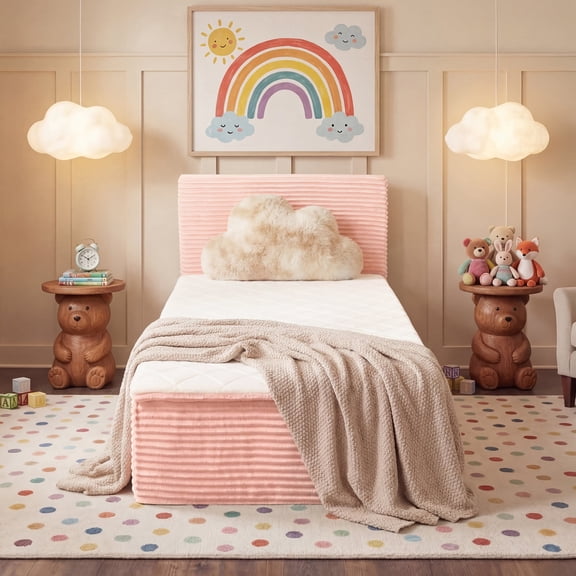 Ovios Twin Size All-in-One Floor Bed in a Box, 16.7" Upholstered Compressed Foam Mattress with Headboard, No Assembly Required, Pink