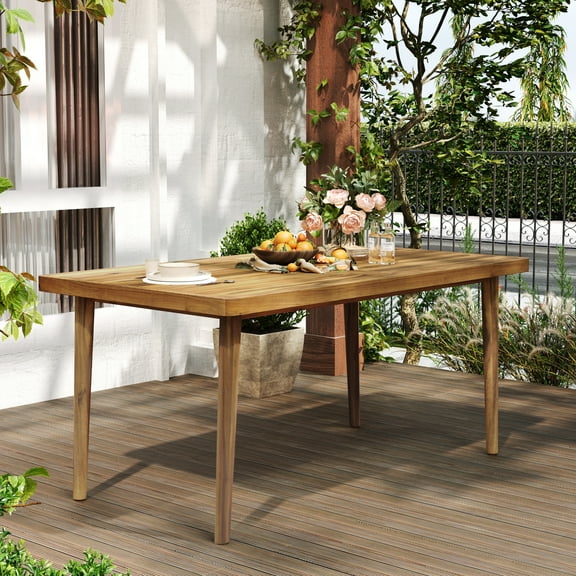 Ovrin Modern Outdoor Dining Table with Umbrella Hole, Acacia Wood, Teak