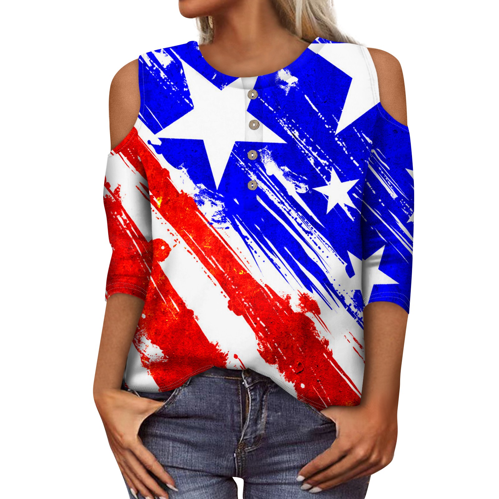 Ovticza American Flag Cold Shoulder Shirt for Women 3/4 Sleeve Top High