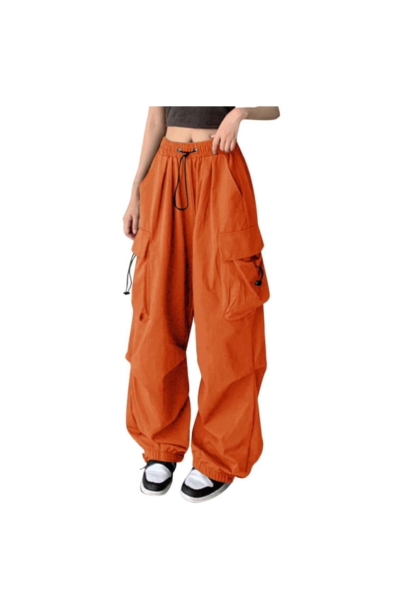 Baggy Parachute Pants for Women& Girls Drawstring Elastic Low Waist Ruched Cargo Pants Multiple Pockets Jogger Y2K Saffron S