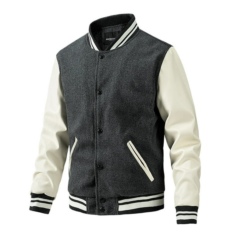 Ovticza Color Block Full Leather Mens Winter Bomber Jacket with Hood Pockets Fall Coat Lightweight Long Sleeve Striped Woolen Casual Men Reflective