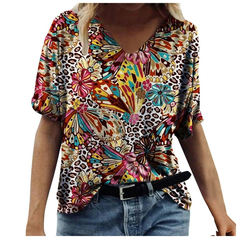 Ovticza Blouses for Women Plus Size Short Sleeve V Neck Boho Shirts Graphic Boho Tops Summer Woman s Workout Tshirts Wine XL