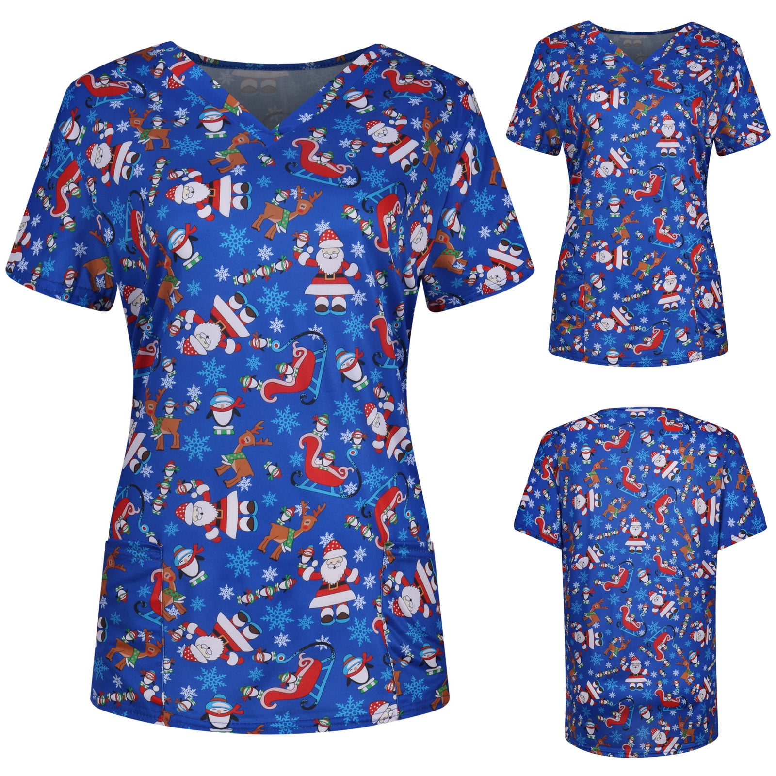 Ovticza Christmas Scrub Tops Women Graphic with Pockets V Neck Nursing Short Sleeve Xmas Soft