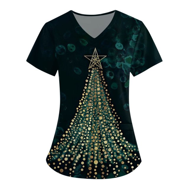 Ovticza Christmas Scrub Tops Women Plus Tree with Pockets Xmas Nursing Short Sleeve V Neck Plus