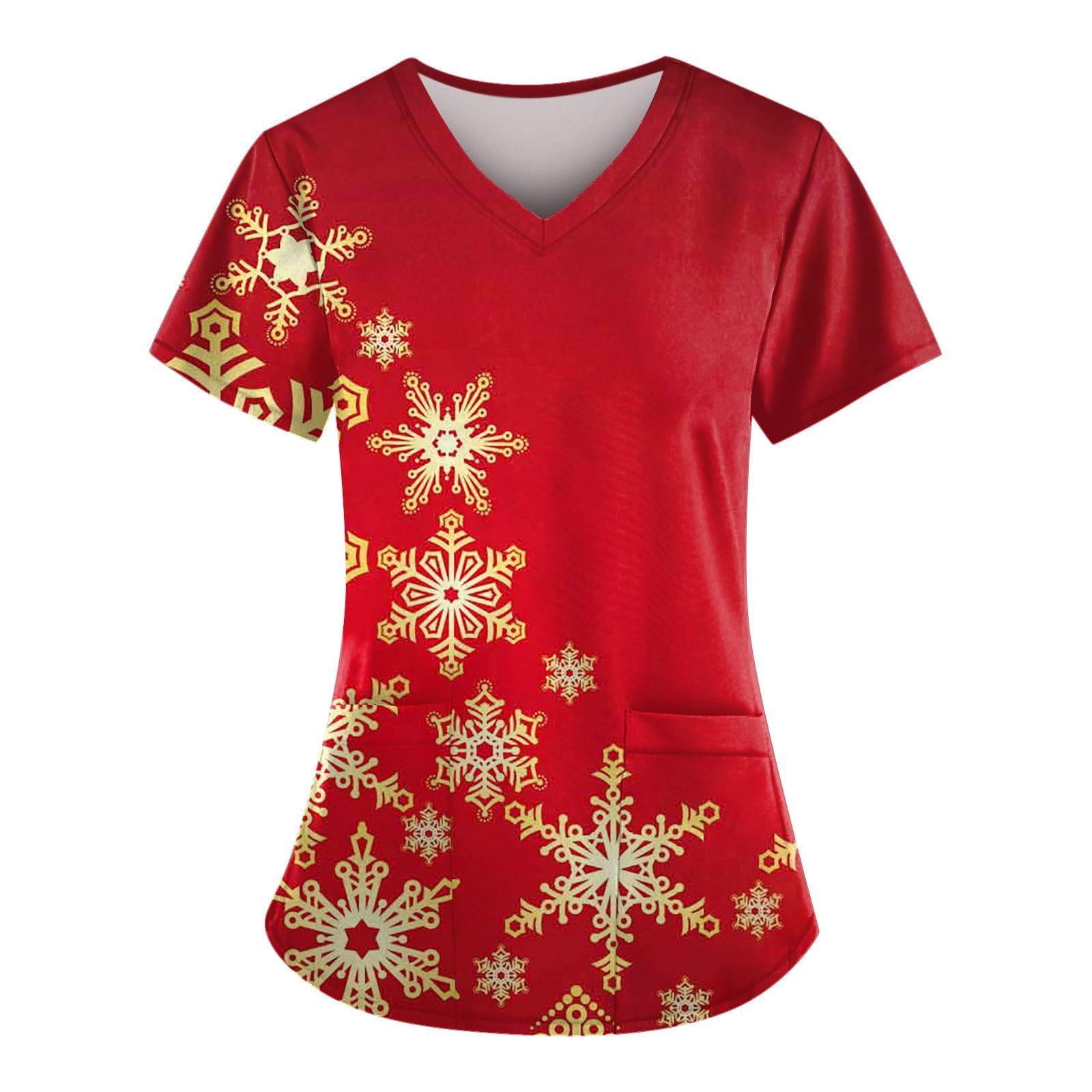 Ovticza Christmas Scrubs for Women Snowman with Pockets V Neck Short Sleeve Nursing Xmas Uniform
