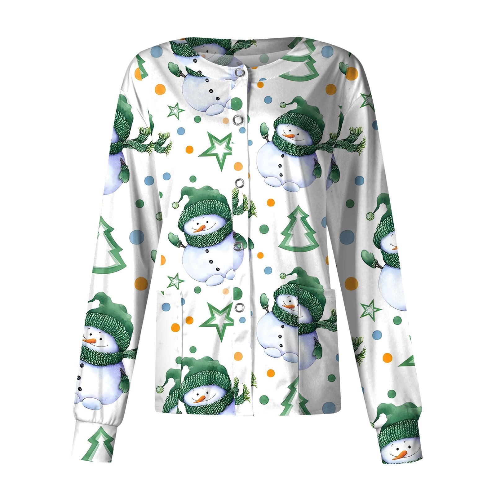 Ovticza Christmas Warm Up Scrub Jacket Women Snowman Long Sleeve