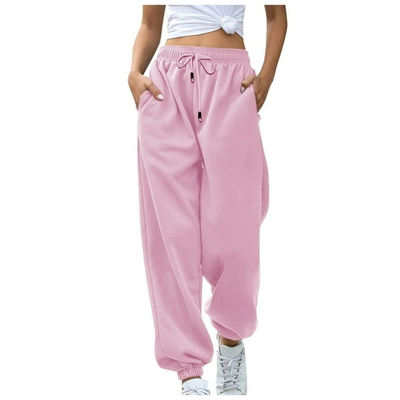 Ovticza Womens Sweatpants Cinched Bottom Cargo Fleece Athletic Cinch Bottom Solid Color Office Baggy Pants with Pockets Drawstring Teen Girls Loose Fit High Waist Jogger Pants Pink S
