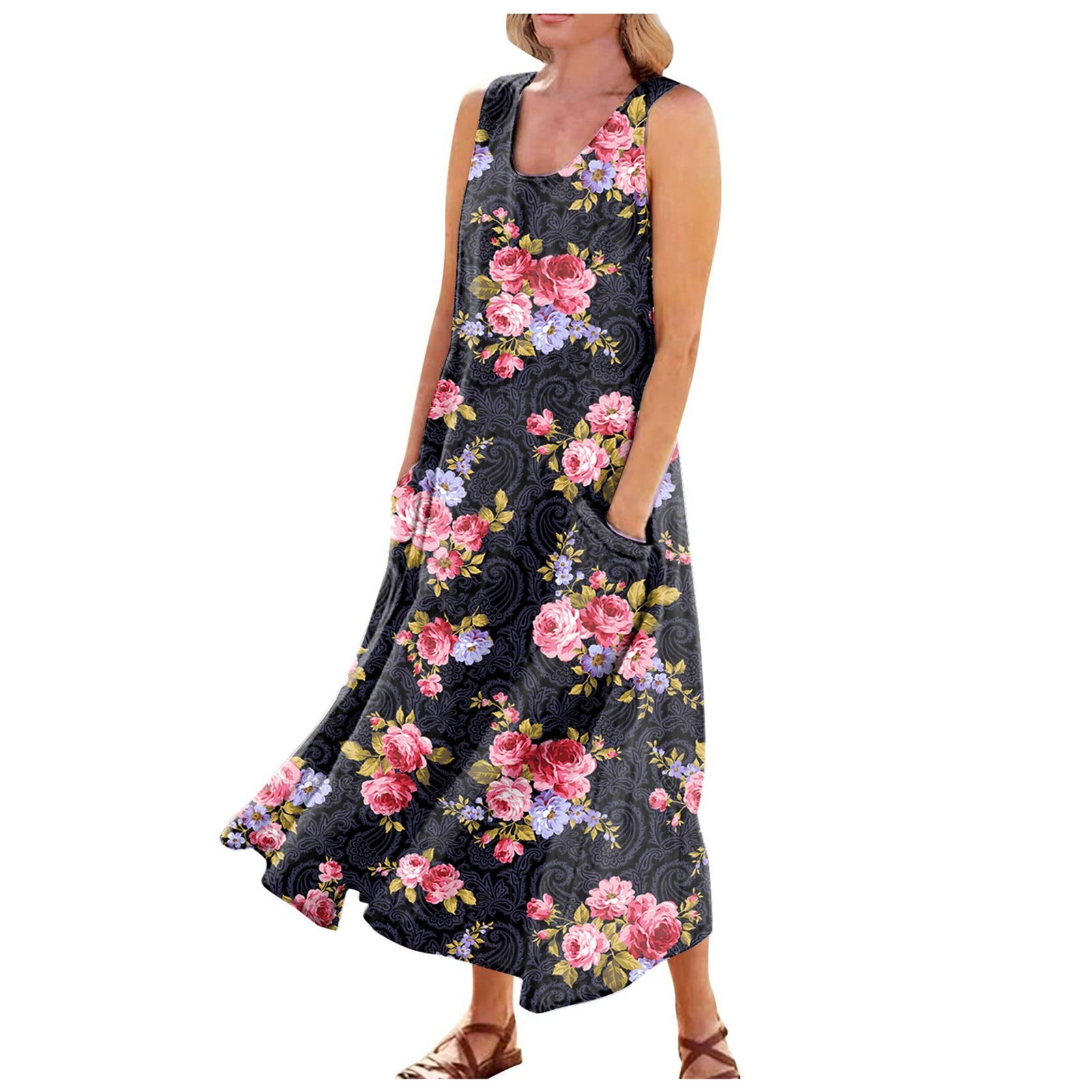 Ovticza Cute Summer Dresses for Women with Pockets Floral Flowy Formal Maxi  Dress Boho Tank Long Dress Shoes Cotton Linen Sleeveless Sun Dresses Women  Plus Size Black 4XL - Walmart.com