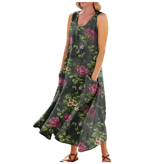 Ovticza Cute Summer Dresses for Women Trendy Boho Flowy Maternity Maxi Dresses Floral Tank Long Sundresses Sleeveless Cotton Linen Sundresses Over 50 with Pockets Wine 2XL
