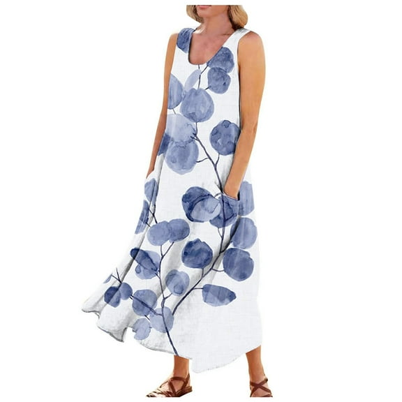 Ovticza Cute Summer Dresses for Women Trendy Boho Flowy Maternity Maxi Dresses Floral Tank Long Sundresses Sleeveless Cotton Linen Sundresses Over 50 with Pockets Blue 2XL