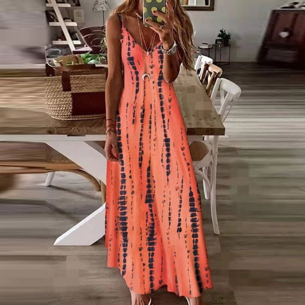 Ovticza Dresses for Women Club Sleeveless Spaghetti Strap Maxi Dresses  Petite Length V Neck Swing Summer Long Dresses Floral Sundresses for Plus  Size Women Orange L - Walmart Business Supplies