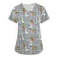Ovticza Easter Day Scrub Top V Neck Short Sleeve Stretchy Nurse Shirts Bunny Easter Egg Print Working Nurse Uniforms with Two Pockets Light Gray 3XL