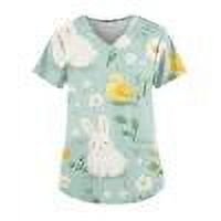 Ovticza Easter Day Scrub Top Women V Neck Short Sleeve Professional Scrub Tops Rabbits Eggs Printed Workwear with Pockets Mint Green 5XL