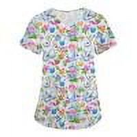 Ovticza Easter Day Scrubs for Women V Neck Short Sleeve Hospital Scrub Tops Easter Eggs Bunny Rabbit Printed Nurse Working Uniform with Two Pockets Purple XL