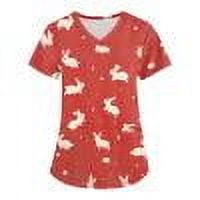 Ovticza Easter Scrub Tops Women V Neck Short Sleeve Stretchy Scrub Tops Easter Eggs Bunny Rabbit Printed Workwear with Two Pockets Red 5XL