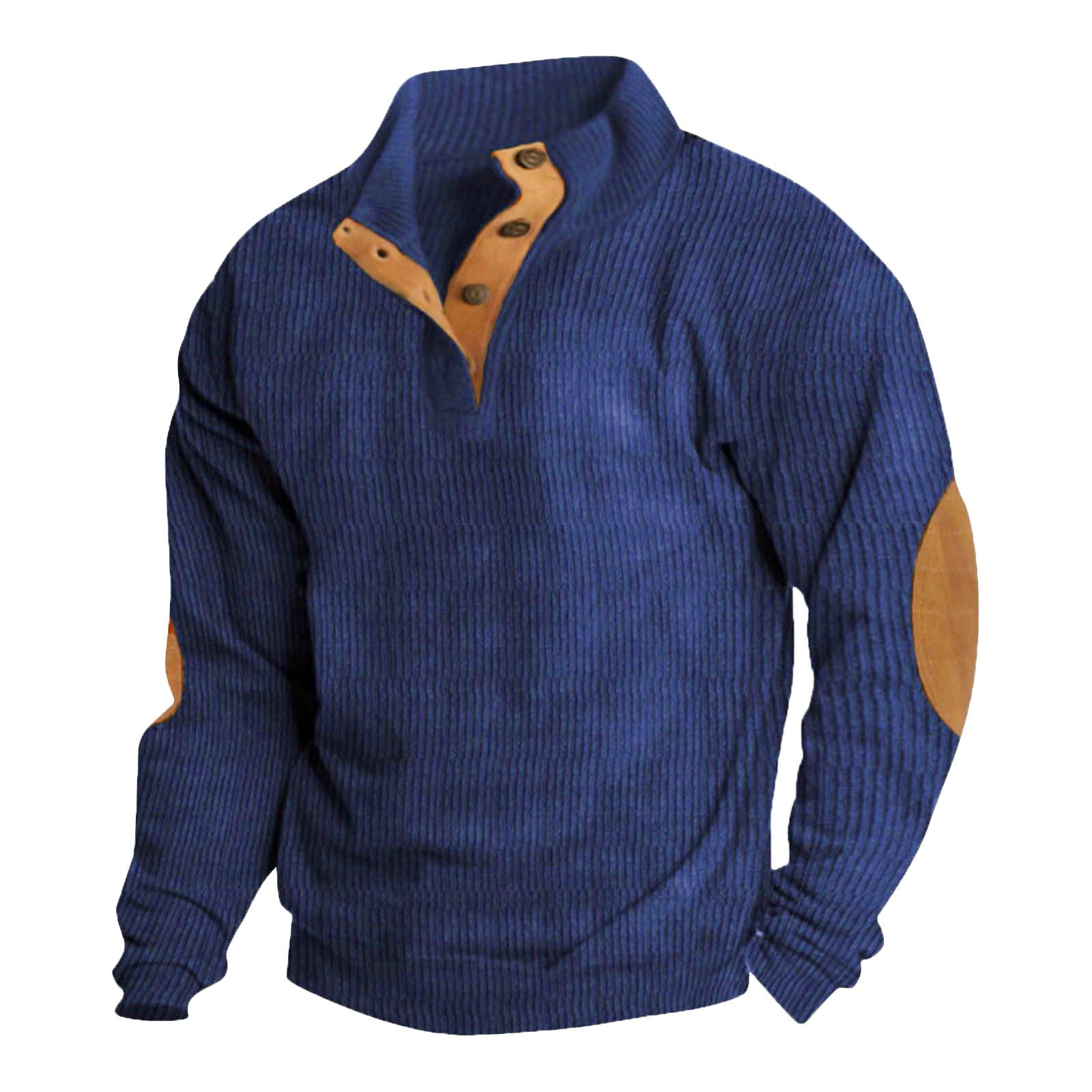 Ovticza Elbow Patch Sweater Men Long Sleeve with Elbow Patches Sports Oversized Sweatshirt Solid Color Button Up Winter Pullover Casual Lapel Collar
