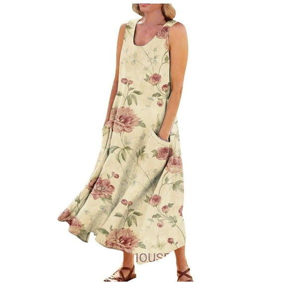 Ovticza Evening Dresses for Women Plus Size Floral Boho Maxi Boho Dresses Sleeveless Tank Long Dress for Wedding Cotton Linen Flowy Womens Sun Dresses Casual with Pockets Pink 3XL