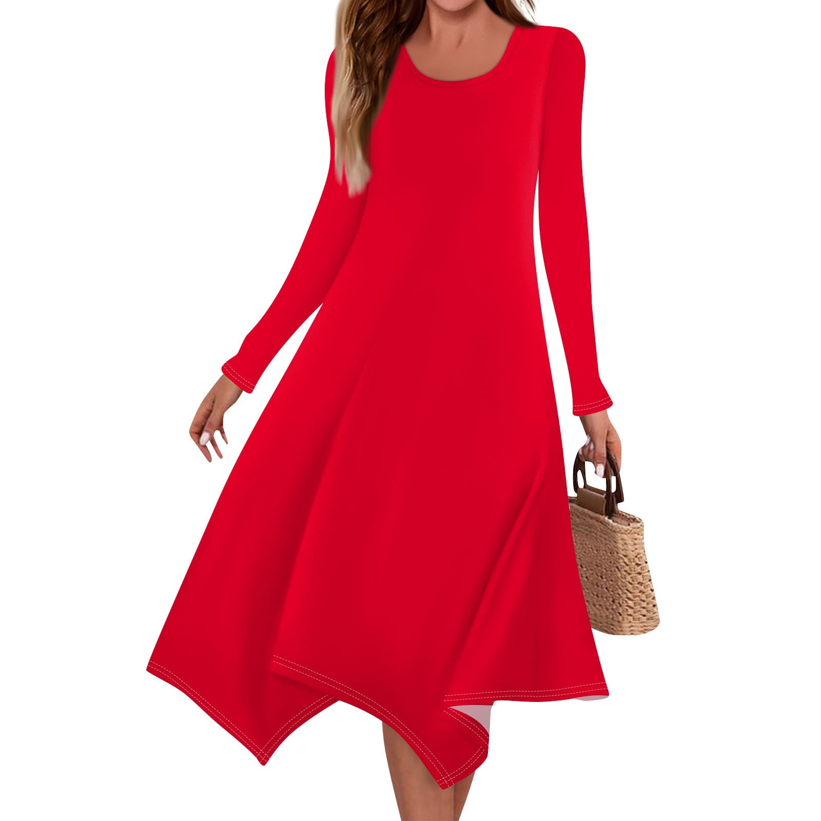 Ovticza Fall Dresses for Women 2024 Trendy Round Neck Solid Plus Size