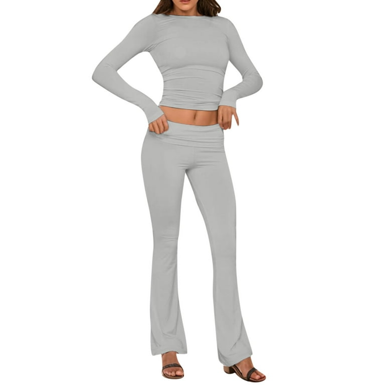 Ovticza Fold Over Yoga Pants Sets For Women 2 Piece Cotton Lounge Sets Long  Sleeve Shirts Grey Flare Leggings Set Tracksuit Light Gray M