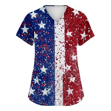 Ovticza Independence Day Scrub Tops V Neck Short Sleeve Medical Usa Flag Patriotic Hoilday Workwear with Pockets Blue 4XL