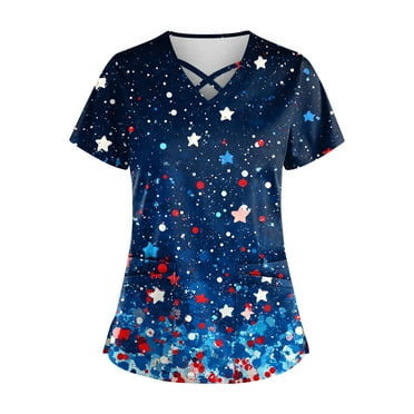 Ovticza Independence Day Scrub Tops V Neck Short Sleeve Patriotic Tee Tops Stretchy Nursing Shirts with Pockets Blue 3XL