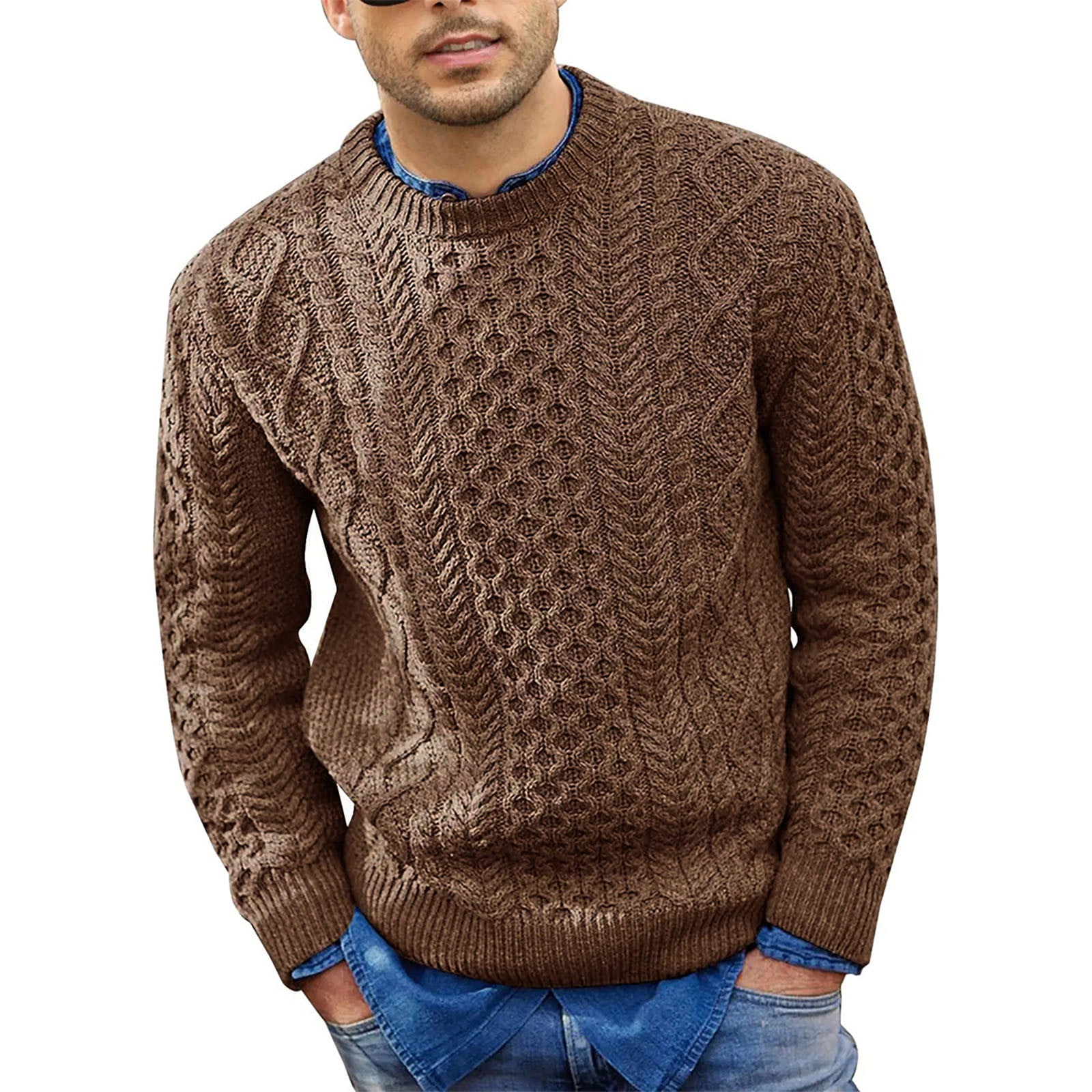 Ovticza Men Knitted Sweater Plus Size Crewneck Cable Knit Tops 
