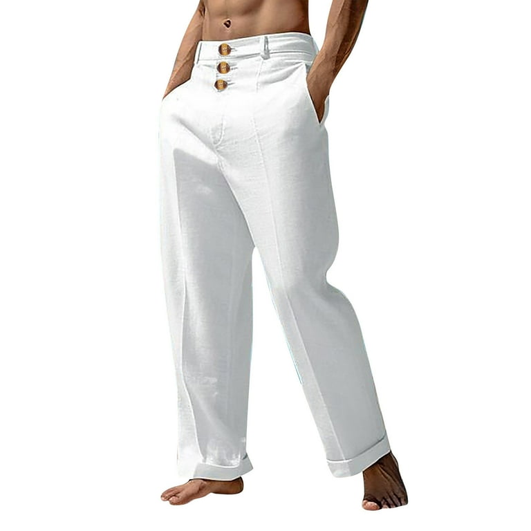 Ovticza Men's Cotton Linen High Waist Wide Leg Pants Loose