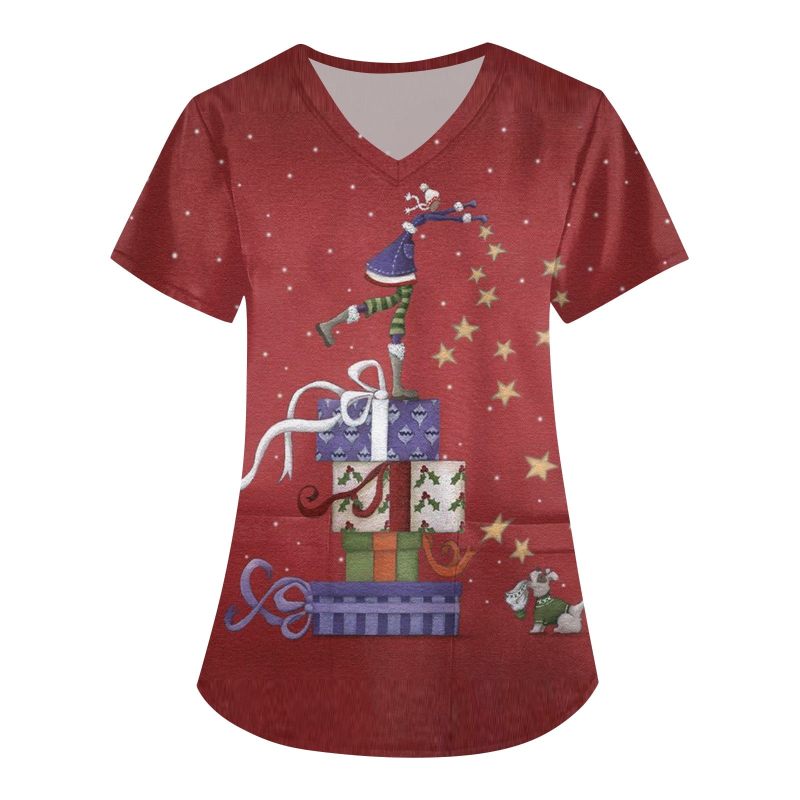 Ovticza Plus Size Christmas Scrub Tops for Women Print with Pockets