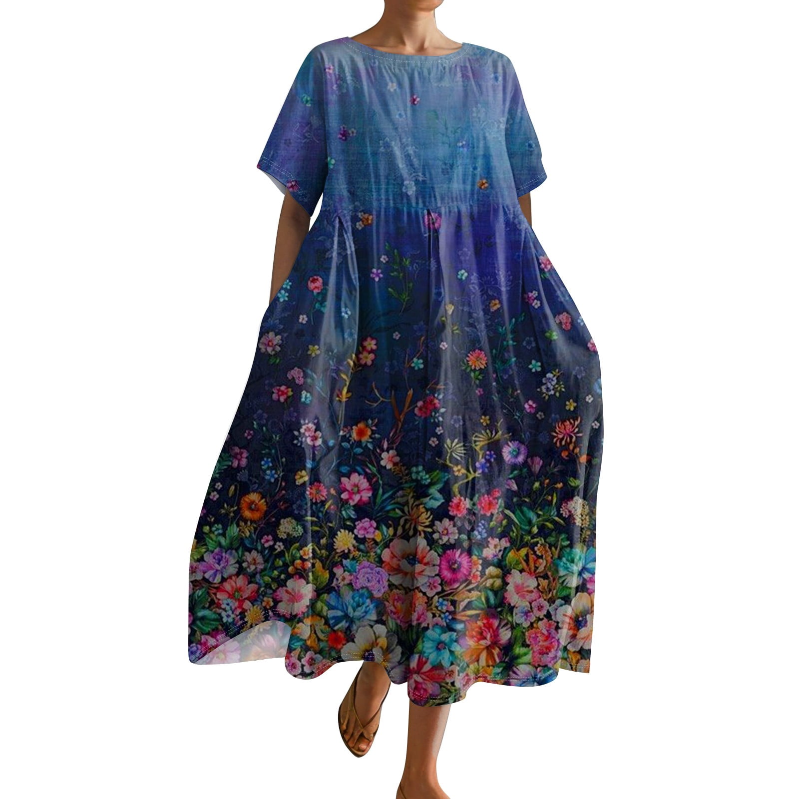 Women Beachwear Boho Print Dress Short Sleeve Long Dress Floral Swimsuit One Piece Suit