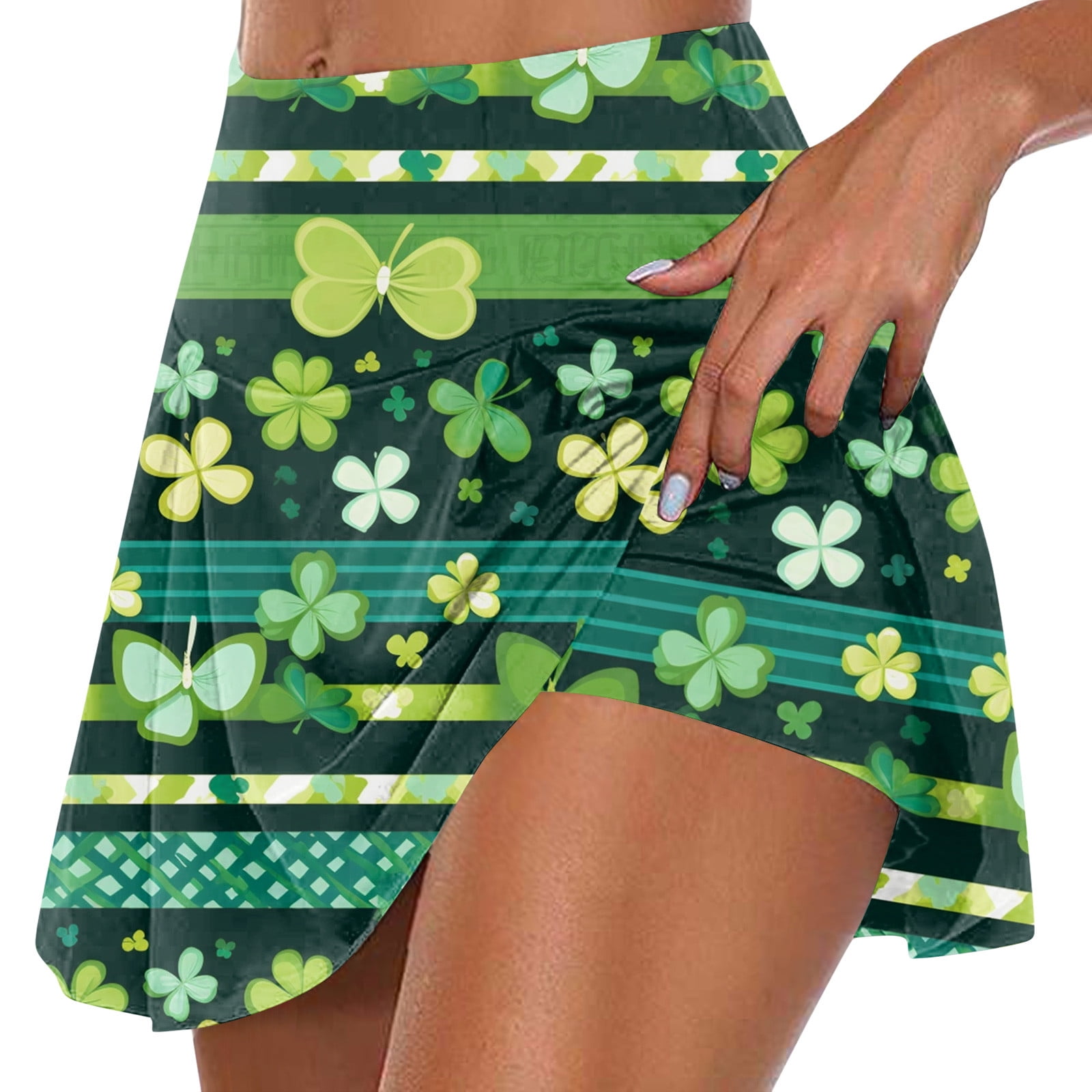 2 in 1 Flowy Running Shorts for Women St Patrick's Day High Waisted  Athletic Shorts Tennis Skirt Clover Graphic Yoga Skort