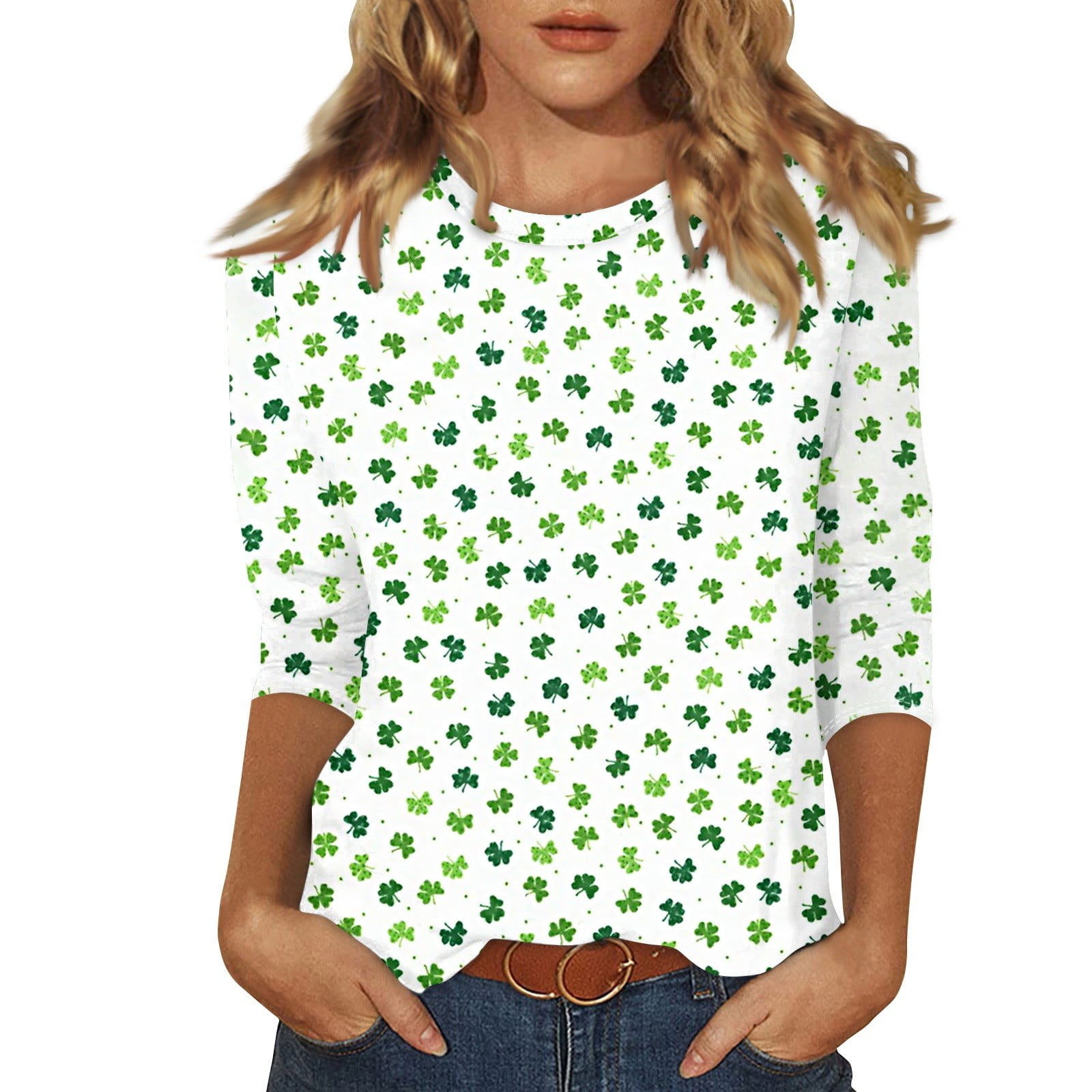 Ovticza St Patricks Day Shirt Women Funny Plus Size Tops With 3 4 Sleeves Round Neck Lucky