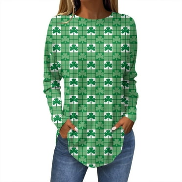 Ovticza St. Patricks Day Womens Shamrocks T-Shirt Crew Neck Shamrock Pattern Womens Long Sleeve Shirts Flowy Womens Tunic Tops Dark Green 2XL