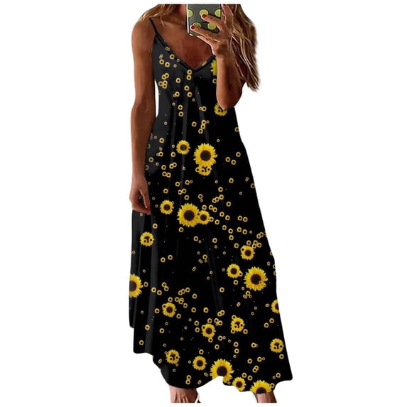 Ovticza Summer Dresses for Women 2024 Spaghetti Strap Sleeveless Maxi Dresses V Neck a Line Womens Summer Dresses Long Floral Women Sundresses Yellow 3XL