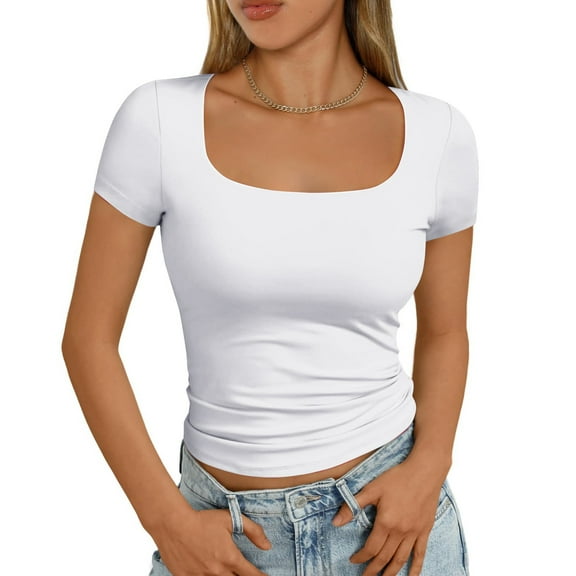 Ovticza Tshirts Shirts for Women Double Lined Going Out Crop Tops 2025 Spring Summer Workout Y2k Clothes Beach Fashion White XL