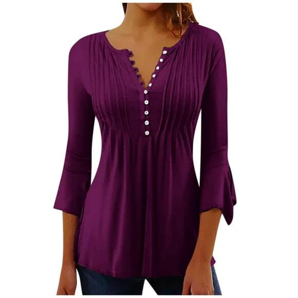 Ovticza Tunic Tops for Women Flowy Flare Elbow 3/4 Sleeve Tops Dressy Casual Pleated Henley V Neck Shirts Button Down Shirts Summer Solid Tunics Dark Purple 2XL